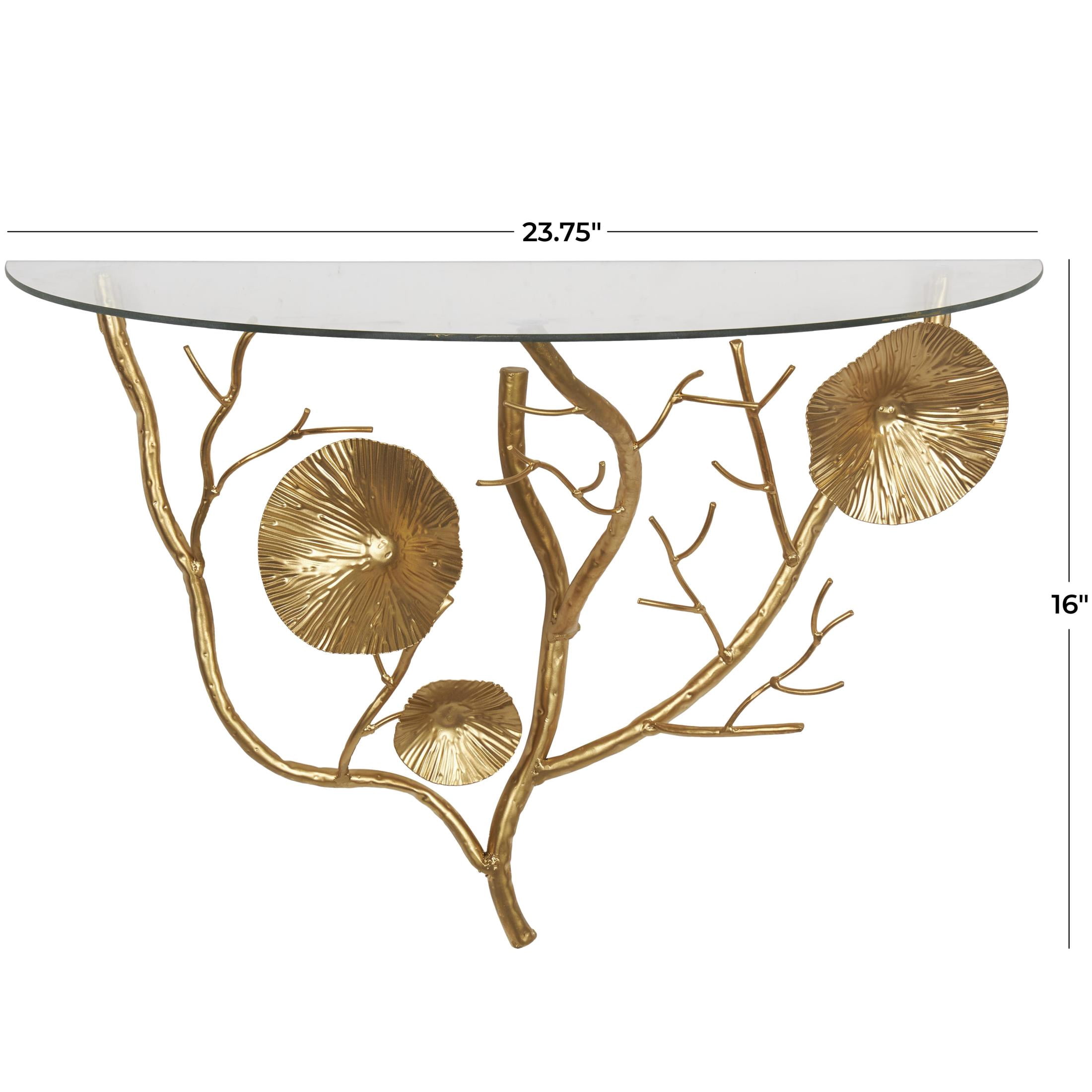 DecMode 24" x 12" Branch 1-Tier Gold Floral Wall Shelf with Tempered Glass Top