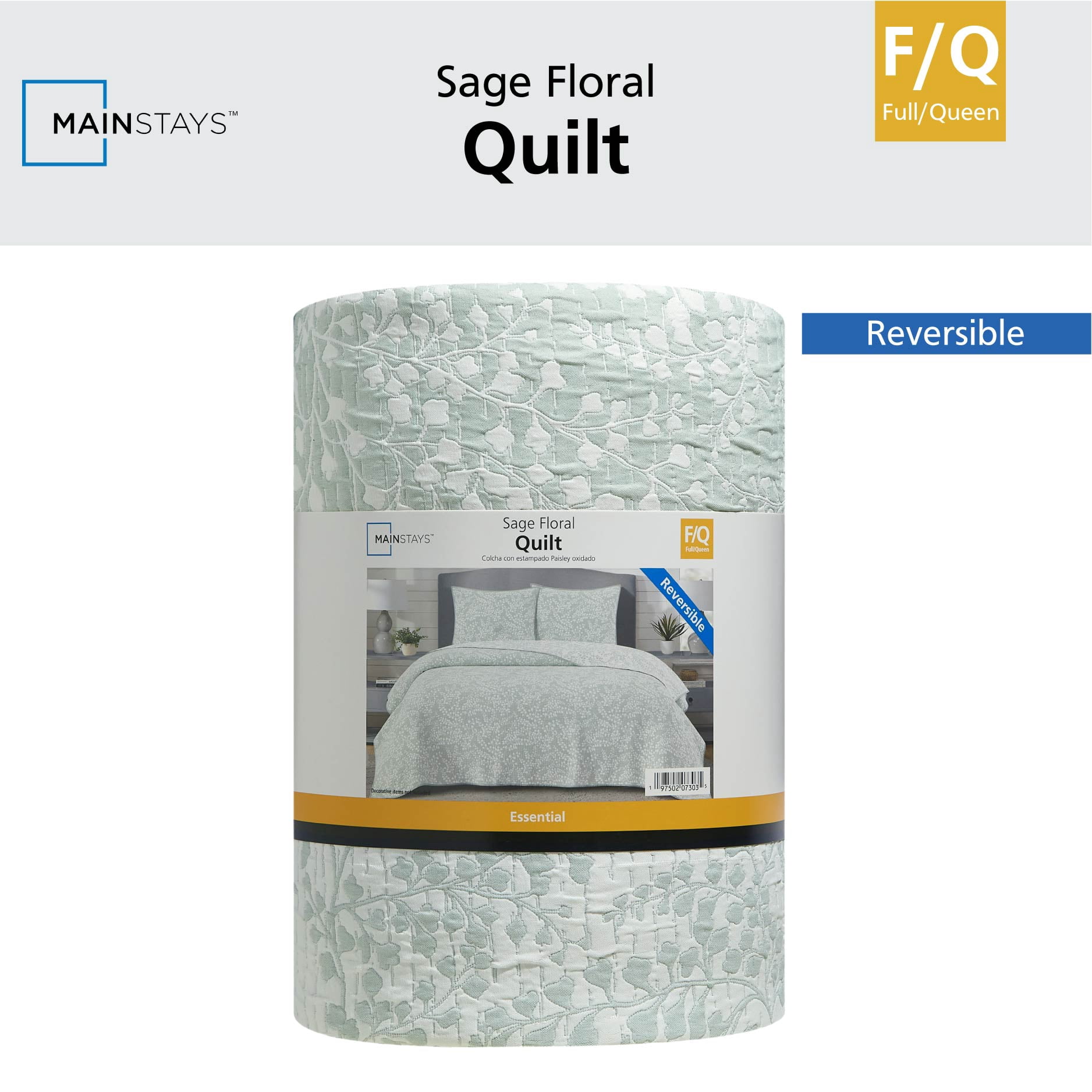 Mainstays Botanical Floral Stitched Quilt, Full/Queen, Light Green, Reversible Lightweight Bedding