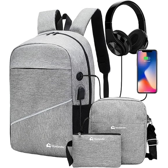 Mochila Antirrobo Bluelander, Mochila Cruzada y Lapicera, Set de 3 piezas, con Puerto USB, Gris Claro
