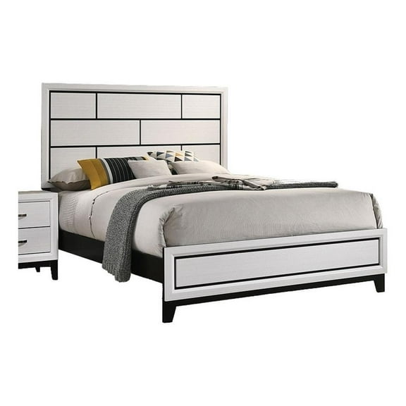 Erica Full Size Bed- White and Black Wood Finish- Panel Style Headboard