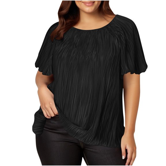 Cmfcve Women's Summer Plus Size Shirt Round Neck Short Sleeve Gauze Tops Breathable Loose Pullover Tee Shirt