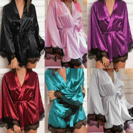 

Women Elegance Silk Satin Robes Sexy Lace Gown kimono Solid Robe