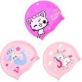 thumbnail image 1 of 3 Pieces Kids Silicone Swim Caps Waterproof Bathing Caps Baby Swimming Cap Cartoon Toddler Swim Hats for Short and Long Hair Children Boys Girls, 1 of 4
