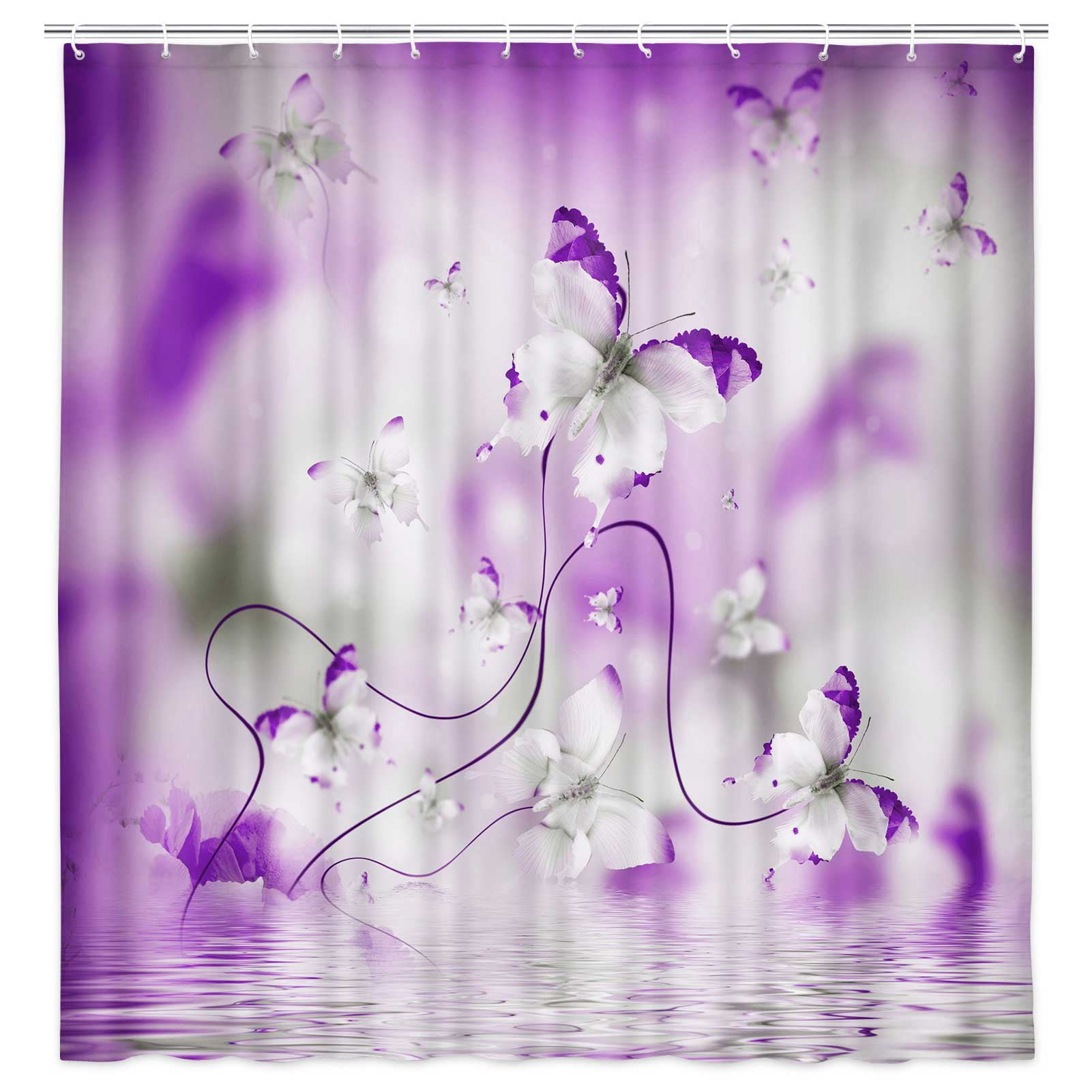 Spring Flowers Butterfly Purple Shower Curtain, Country Nature Farmhouse Garden Floral Design, Botanical Plant Decor Cloth Fabric Bathroom Curtains with Hooks, 69X70in