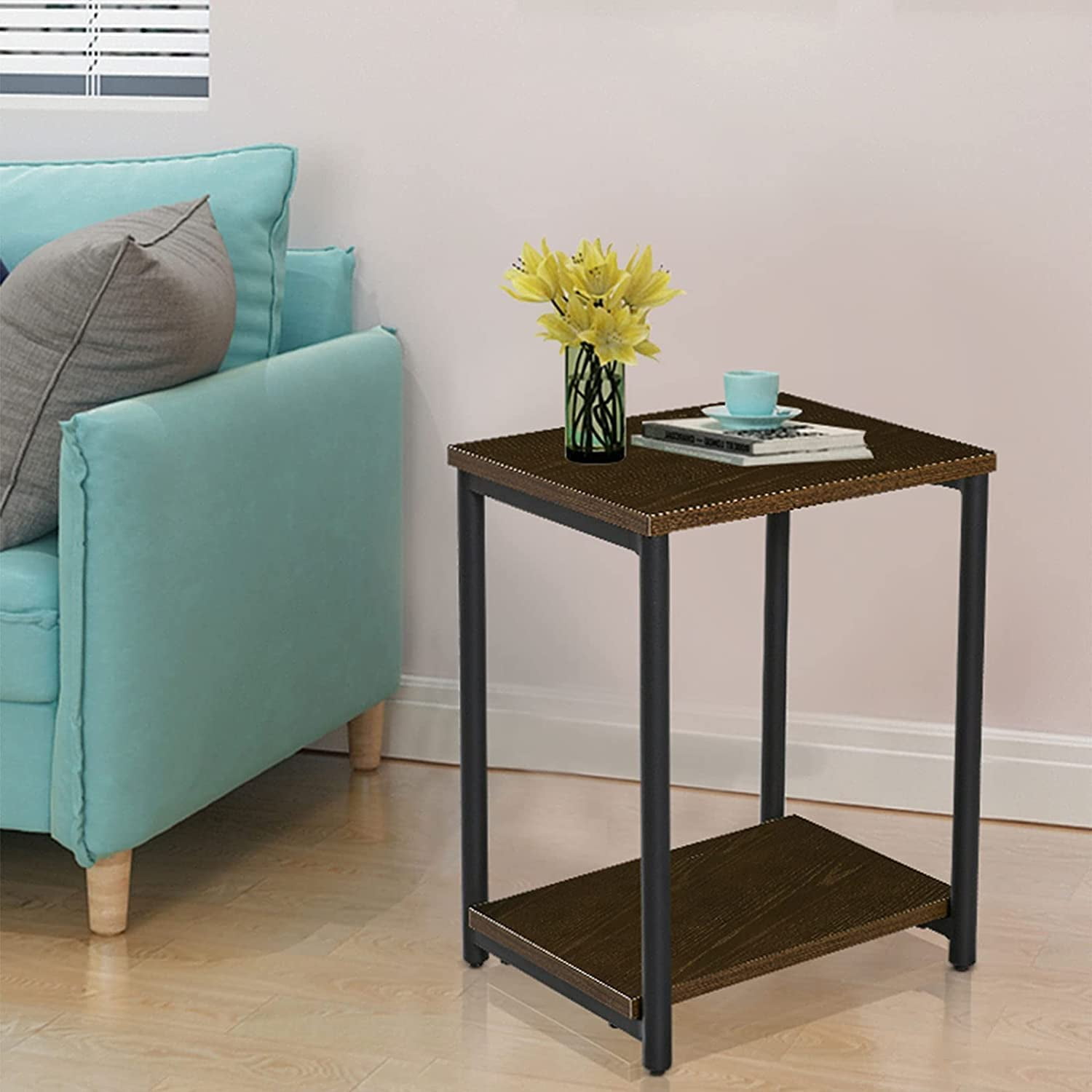 Kepooman 2-Tier End Table for Living Room Bedroom, Industrial Slim Side Table with Storage Shelf, Narrow Storage Nightstand for Sofa Couch, Brown