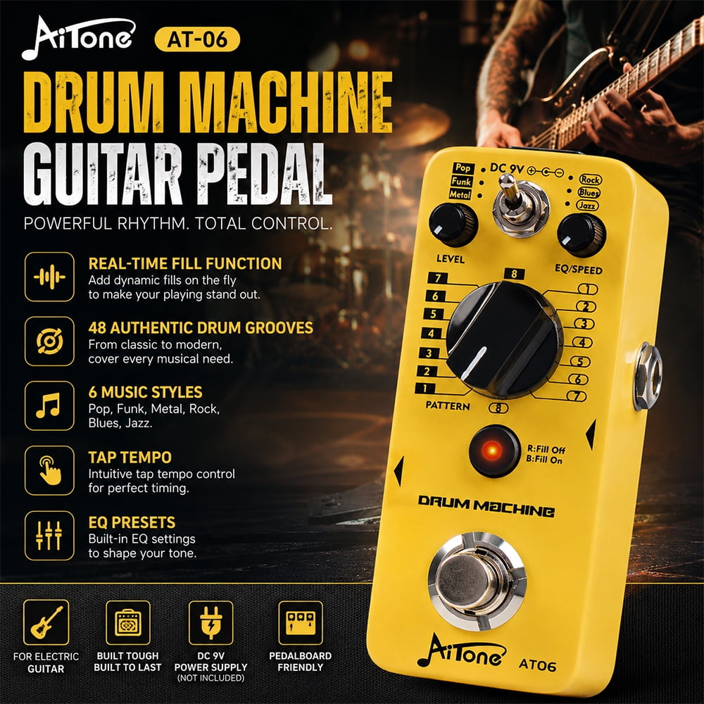AITONE Drum Machine Guitar Pedal, 48 Grooves 6 Styles Real-Time Fill Tap Tempo