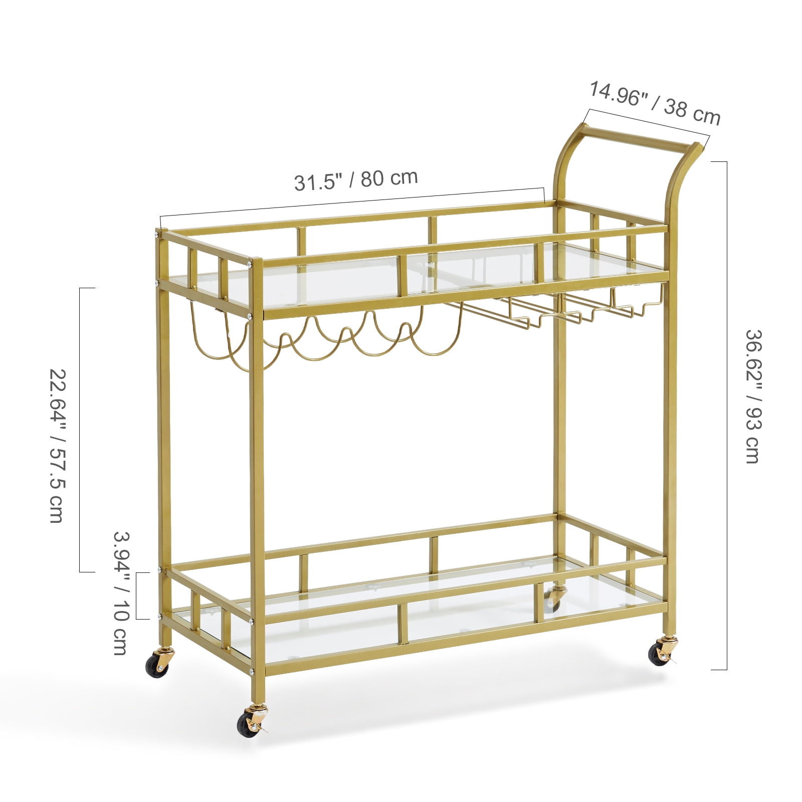 VEVOR 2 Tiers Gold Metal Bar Serving Cart with Wine Rack Glass Holder 120 lbs