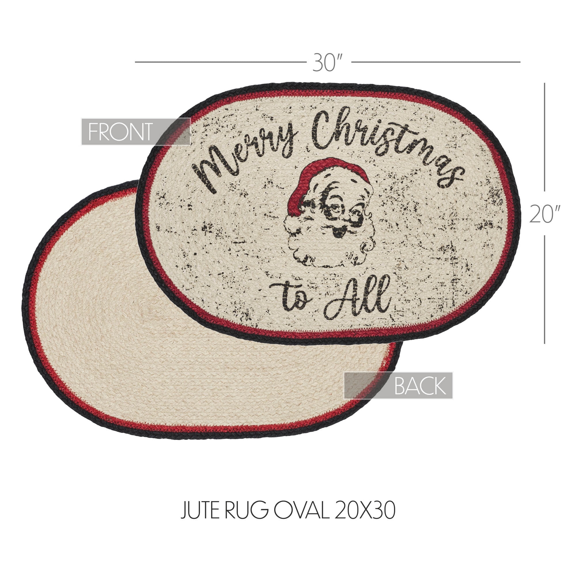 VHC Brands Jolly Ole Santa Farmhouse 20"x30" Merry Christmas to All Accent Rug Red Stenciled Textured Jute Graphic/Print Oval Holiday Decor