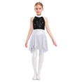 thumbnail image 2 of Doomiva Kids Girls Lyrical Dance Dresses Sparkly Sleeveless Figure Skating Dress Irregular Chiffon Hem Skirt Leotard White Black 16, 2 of 6