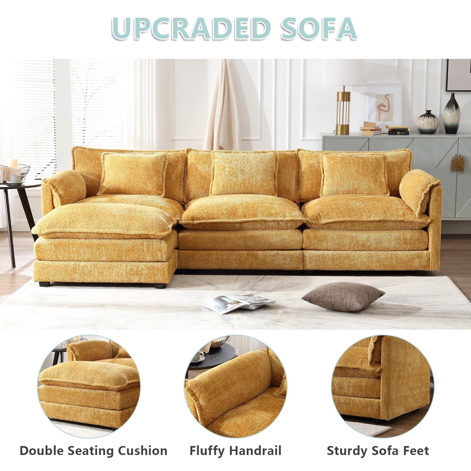 MOONMISS Modern Large Fabric L-Shaped Sofa Chenille Fabric, Movable Pedestal, Removable Armrests, Oversized 7-Seater Sofa