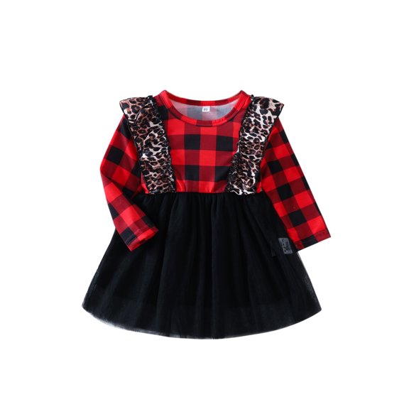 Canrulo Toddler Baby Girls Christmas Dresses Plaids Leopard Print Round Neck Long Sleeve Ruffle Mesh Dress Black 12-18 Months