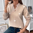 thumbnail image 5 of Cute Heart Print Sweater for Women - V-Neck Sweater Pullovers with Lace Trim, Knit Jumper Light Khaki L, 5 of 8