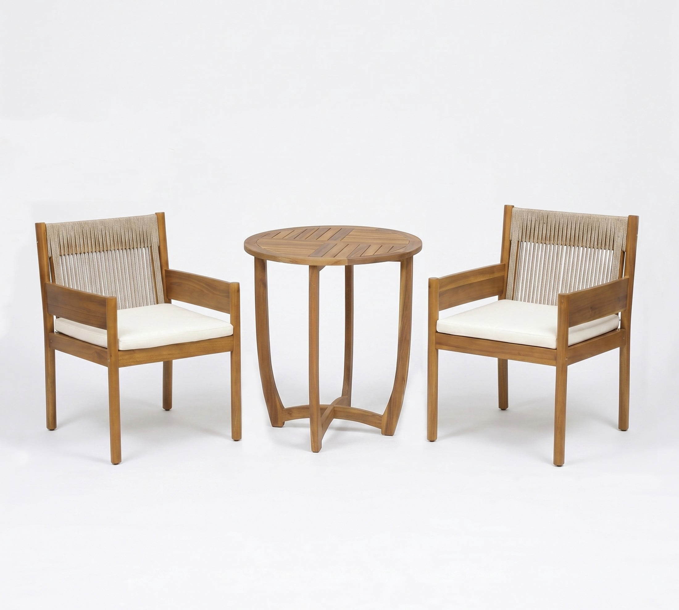 Christopher Knight Home 3-Piece Acacia Wood Patio Chat Set with Rope Chairs and Table, Teak+Beige