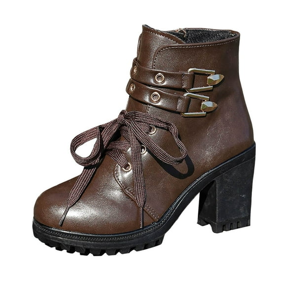 KELINFONG Women's Mid Calf Dress Boots Biker Motorcycle Riding Boots Combat Boots with Low Heel