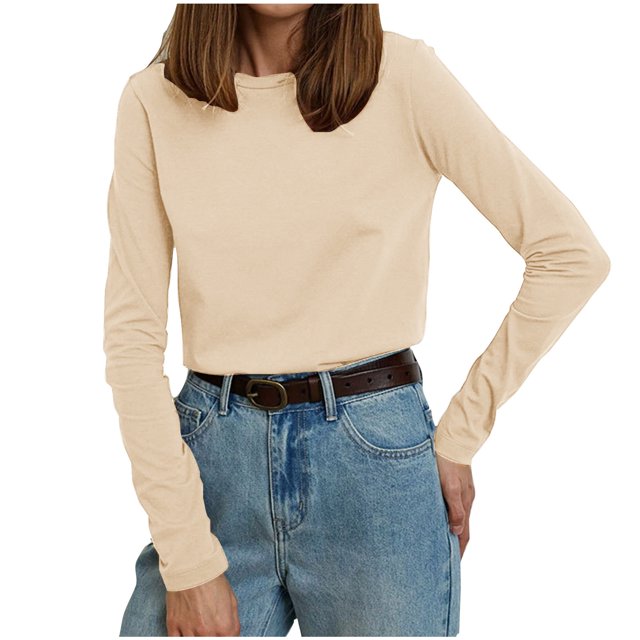 MeetoTime T-Shirt à Manches Longues en Coton pour Femmes Col Rond Basique Couleur Unie Chandail Confortable