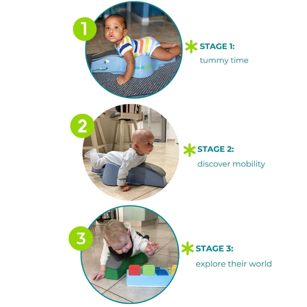 Crawligator tummy-time toy for infants provides mobility and crawling movement