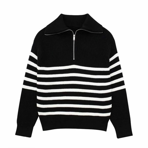 Sweaters For Women Trendy Sevevn Women's Striped Quarter Zip Pullover Sweater Mock Neck Knit Fall Fashion Casual Sweater