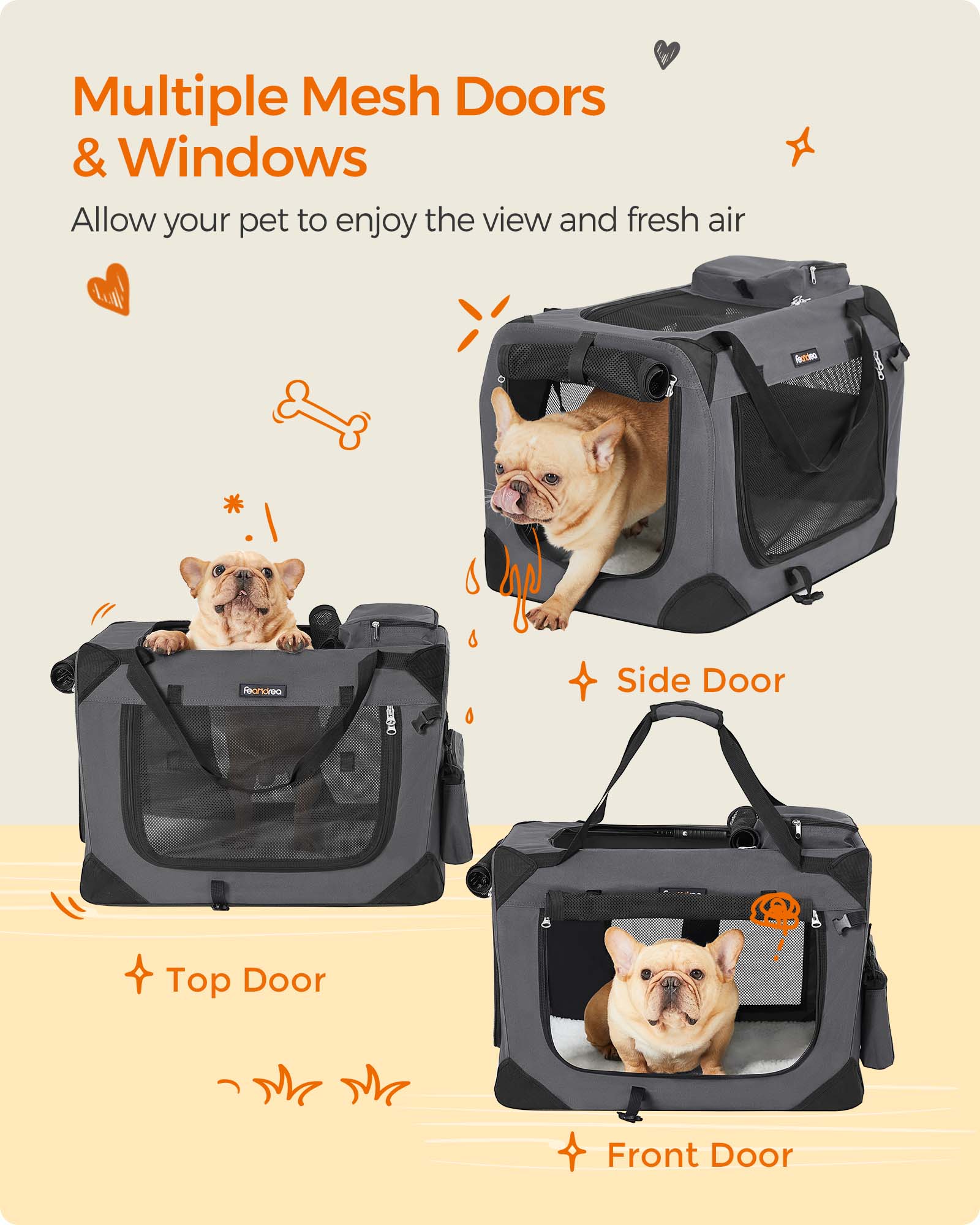 Feandrea 24-Inch Collapsible Dog Crate with 3 Mesh Doors, Portable Pet Carrier with Safety Zippers for Travel, Gray