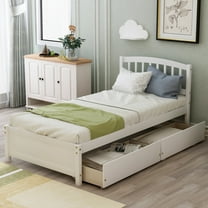 Tcbosik Twin Platform Bed Storage Bed Wood Bed Frame with Two Drawers and Headboard, White
