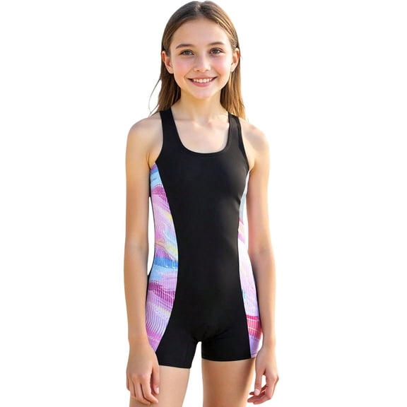 WMQPNNS Girls Boyleg Swimsuit Athletic 1 Piece Bathing Suit Shorts Summer Beach Swimwear for Toddler Youth Kids (Size 7-8 Years, A4-Black)