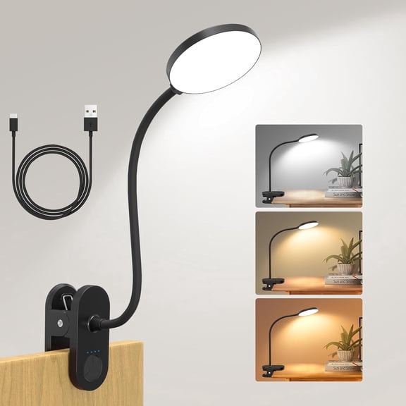 Gaormii 61 LEDs Eye Caring Clamp Desk Lamp for Home, Office, Rechargeable Reading Light with 3 Color&10 Brightness, Portable and Flexible,  Clip on Light for Bed Desk, bedside(Black)