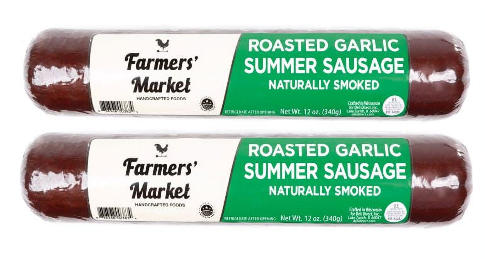 Farmers' Market Summer Sausage, Hickory Smoked Beef, Shelf Stable Sausage Roll, Ready To Eat, High Protein, Low Carb, Keto, Gluten Free, Charcuterie Meat, 24oz (Roasted Garlic, 2 Pack)