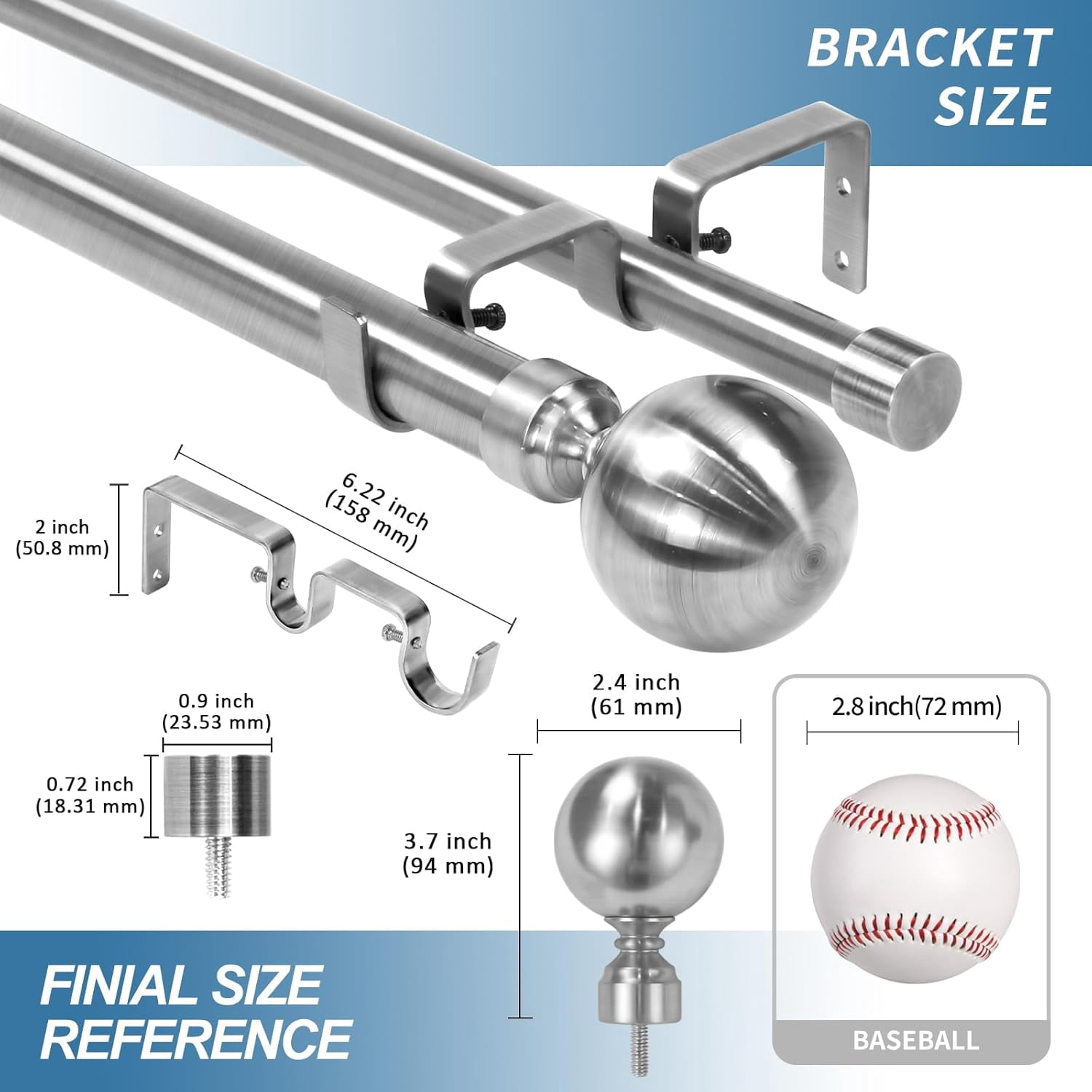 Urbanest Adjustable Double Curtain Rod Set Steel Ball Manhattan Finials – 1″ Front & 3/4 Back Rod With Brushed Steel Rod, 28–48 Inches