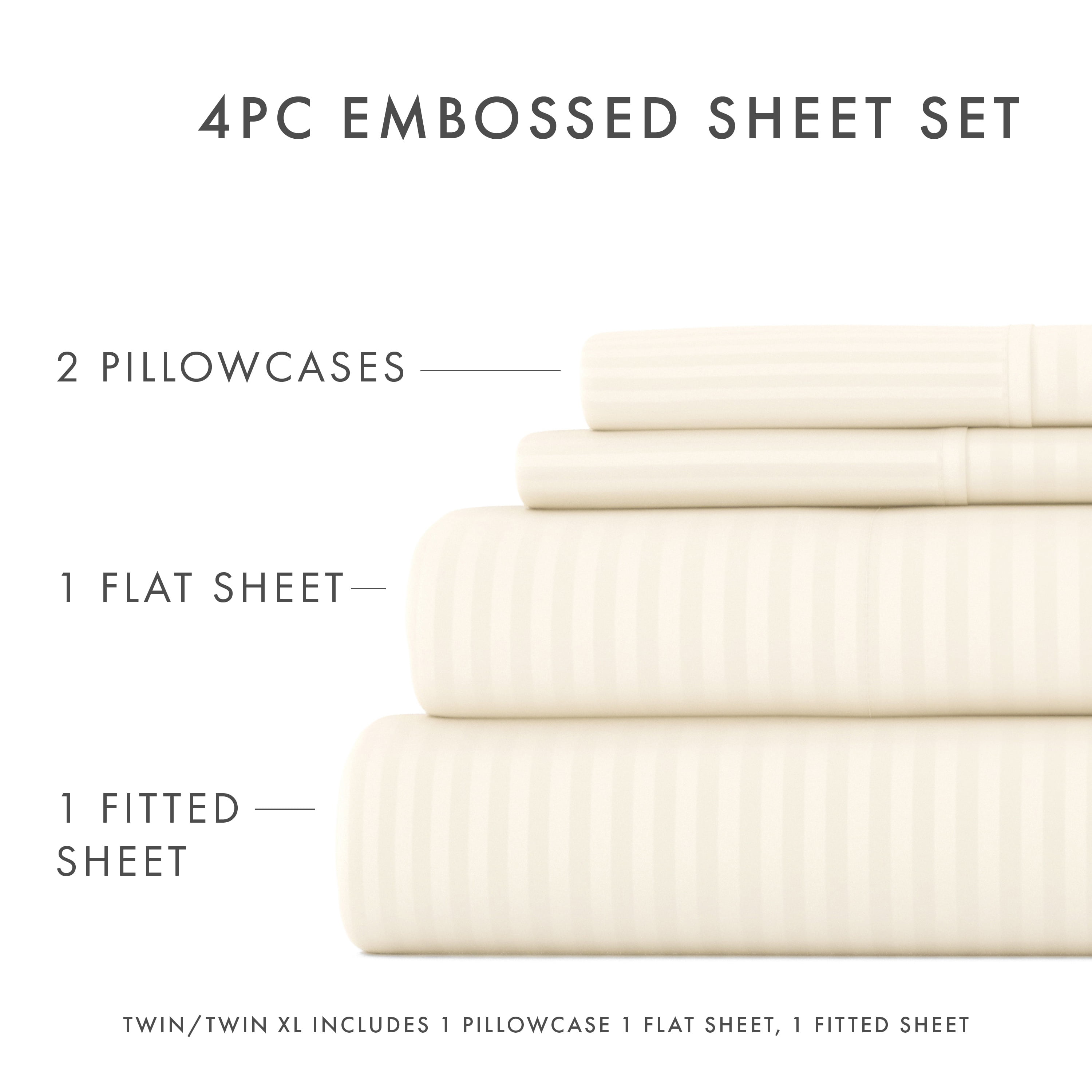 Noble Linens 4 Piece Ivory Striped Embossed Bed Sheet Set, CalKing