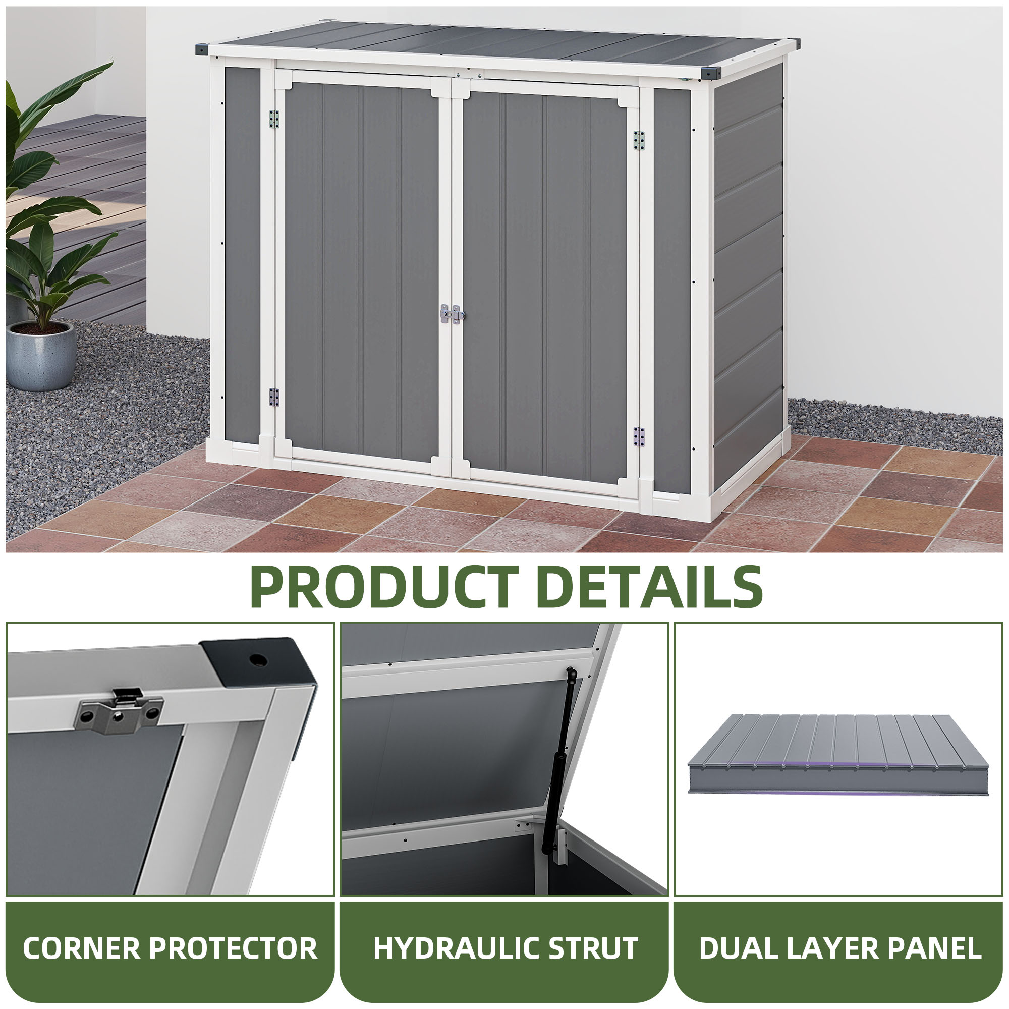 Uforic Storage Shed with Front & Lift-Up Doors, Double-Layer Resin, Lockable Latch for Outdoor, Gray