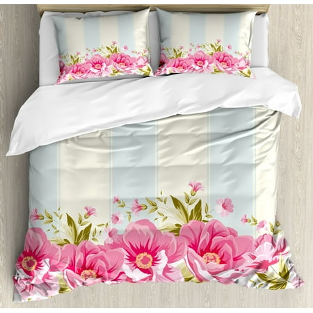 Vintage Duvet Cover Set Pink Peony Border On Vertical Striped