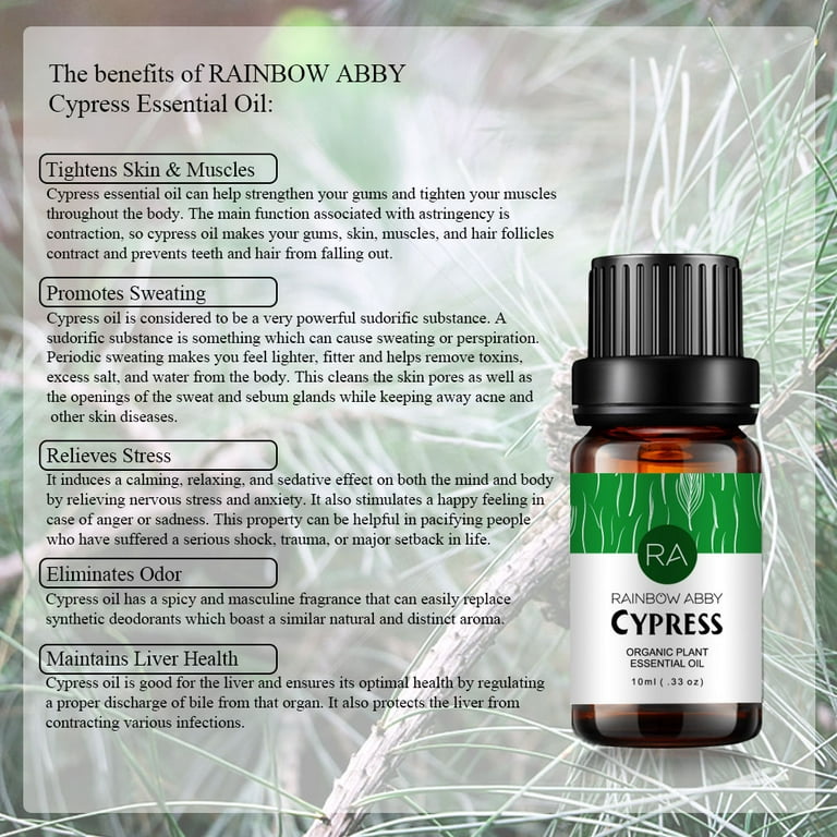 RAINBOW ABBY Cypress Essential Oil 100% Pure Organic Therapeutic Grade  Cypress Oil for Diffuser, Sleep, Perfume, Massage, Skin Care, Aromatherapy,  Bath - 10ML 