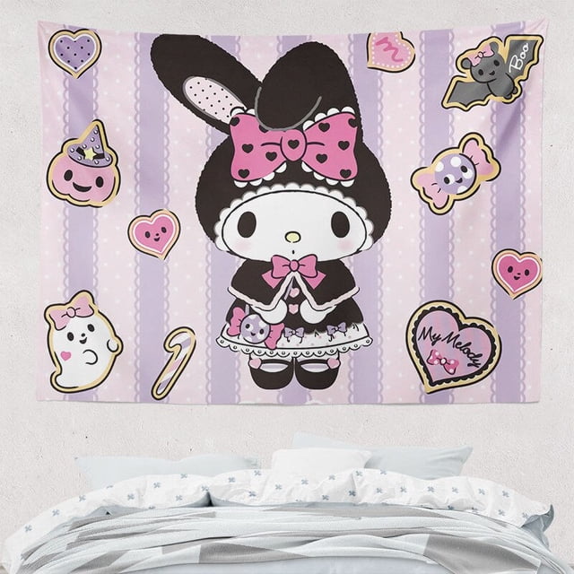 Kawaii Hello Kitty Sanrio My Melody Cinnamoroll Cartoon Blackgroud Cloth, lindo tapiz de pared para dormitorio, decoración de habitación