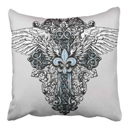 Cmfun Tattoo Fleur De Lis Cross With Wings Tribal Lys Drawing French Christian Pillowcase Cushion Cover 16x16 Inch