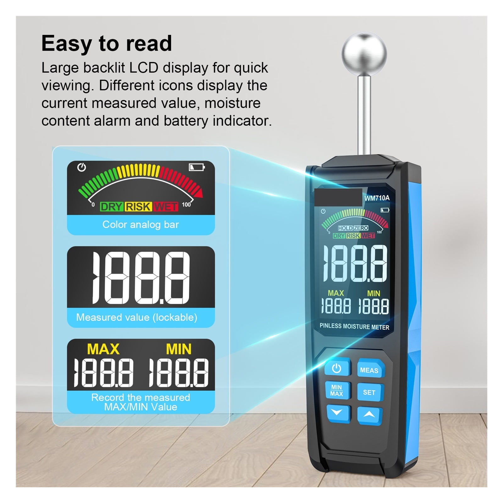 Wood Timber Damp Detector Alarm Function Humidity Tester Non-contact Spherical Hygrometer Moisture Detect ,Accurate Test Read