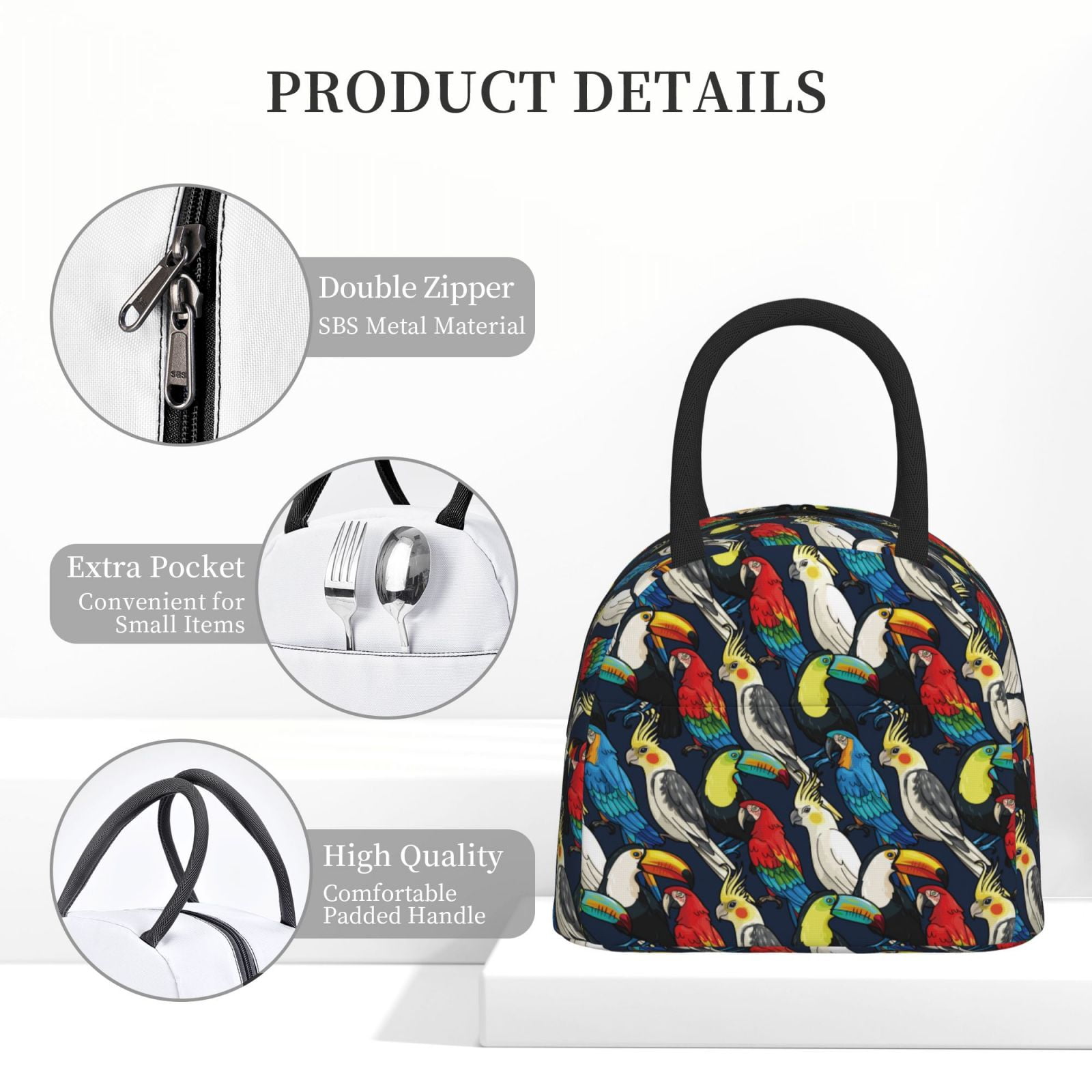 Horeoi Parrot Pattern Large Insulated Lunch Bag for Work, School, Picnic - Waterproof, Durable Oxford Cloth, Comfortable Handle-Black