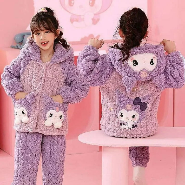 New Kuromi Mymelody Cinnamoroll Pochacco Cartoon Cute Sanrios Winter  Thickened Warm Fleece Pajamas Women's Pajama Suit Gift