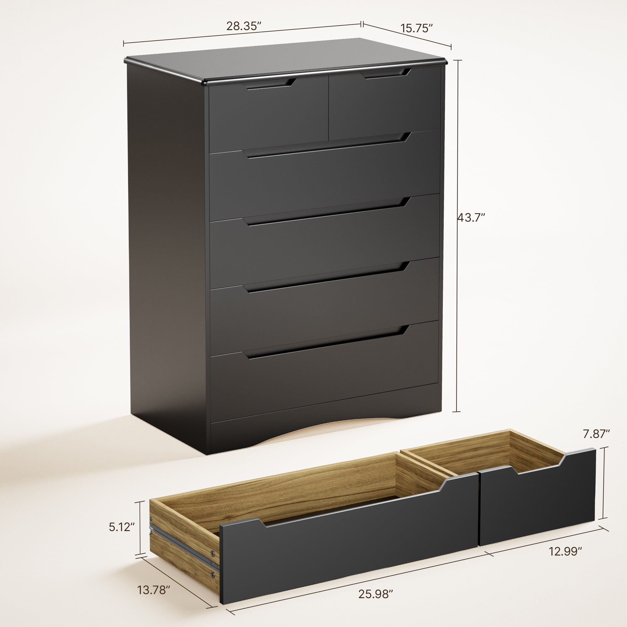 Aiho 6 Drawer Dresser, Black Wood Storage Cabinet with Cutout Handles for Bedroom