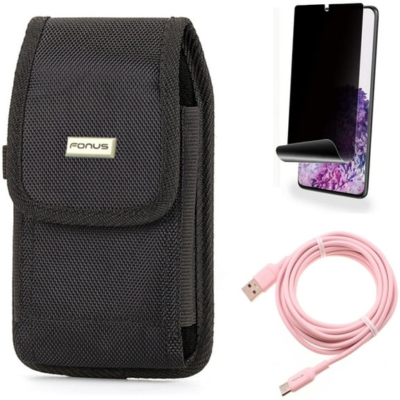 Privacy Screen Protector w 10ft Long USB-C Cable w Case Belt Clip for Samsung Galaxy S20 Plus - TPU Film [NOT GLASS] [Fingerprint Works], Pink Charger Cord Power Wire, Rugged fits Galaxy S20 Plus