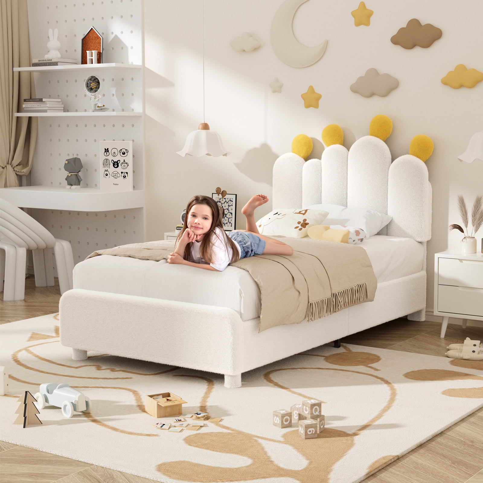 MOPHOTO Boucle bed frame Child Bed for Kids,Wood Upholstered Bed Frame with Adjustable Headboard,Standard Crib Size Toddler Bed,Certified Toddler Fabric Beds,Modern Platform Bed (White)