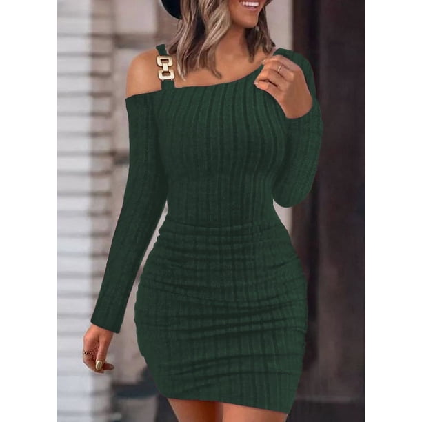 Minivestido Sexy con cadena y hombros descubiertos para mujer, moda de otoño, ceñido al cuerpo, vestidos de manga larga para mujer, vestidos ajustados de punto para invierno