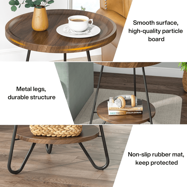 Round End Table with Lower Shelf, 20 inch Industrial Side Table for Living Room, Bedroom - Light & Dark Color Options, 70lbs Capacity