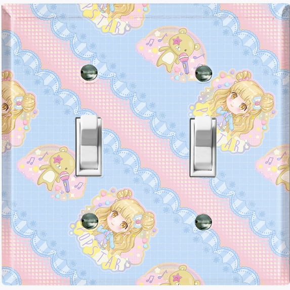 Metal Light Switch Wall Plate Outlet Cover (Pop Star Blue Anime Stripe Pink Ribbon String Pattern - Double Toggle)