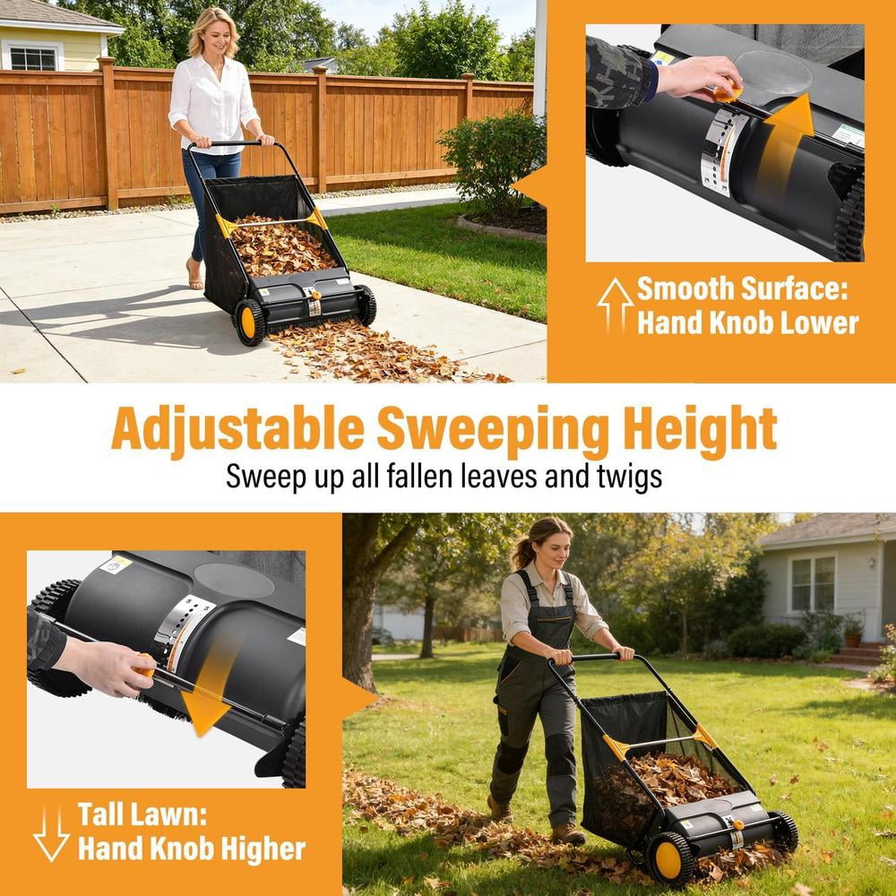 Push Lawn Sweeper, 26inch Leaf & Grass Collector, Heavy Duty Thickened Steel Durable to Use with Mesh Collection Hopper Bag