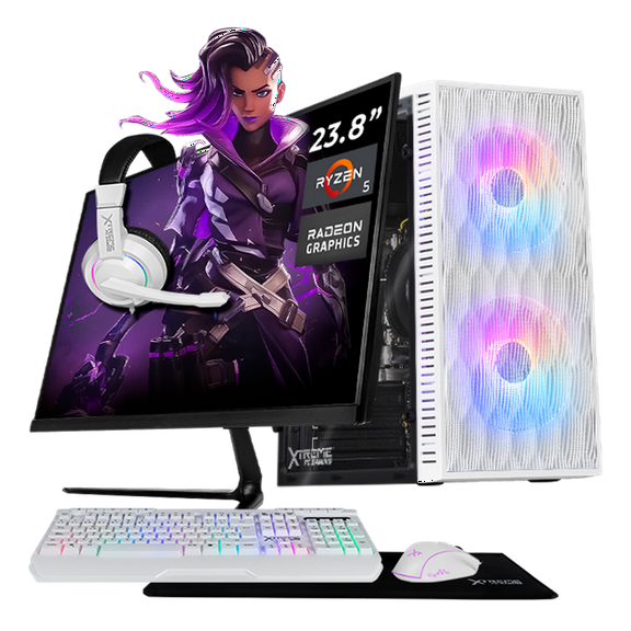 Computadora Escritorio Completa Xtreme PC Gaming AMD Radeon Vega 11 Ryzen 5 3400G 16GB SSD 1TB Monitor 23.8 75Hz WIFI White gaming ligero, oficina, estudio y hogar