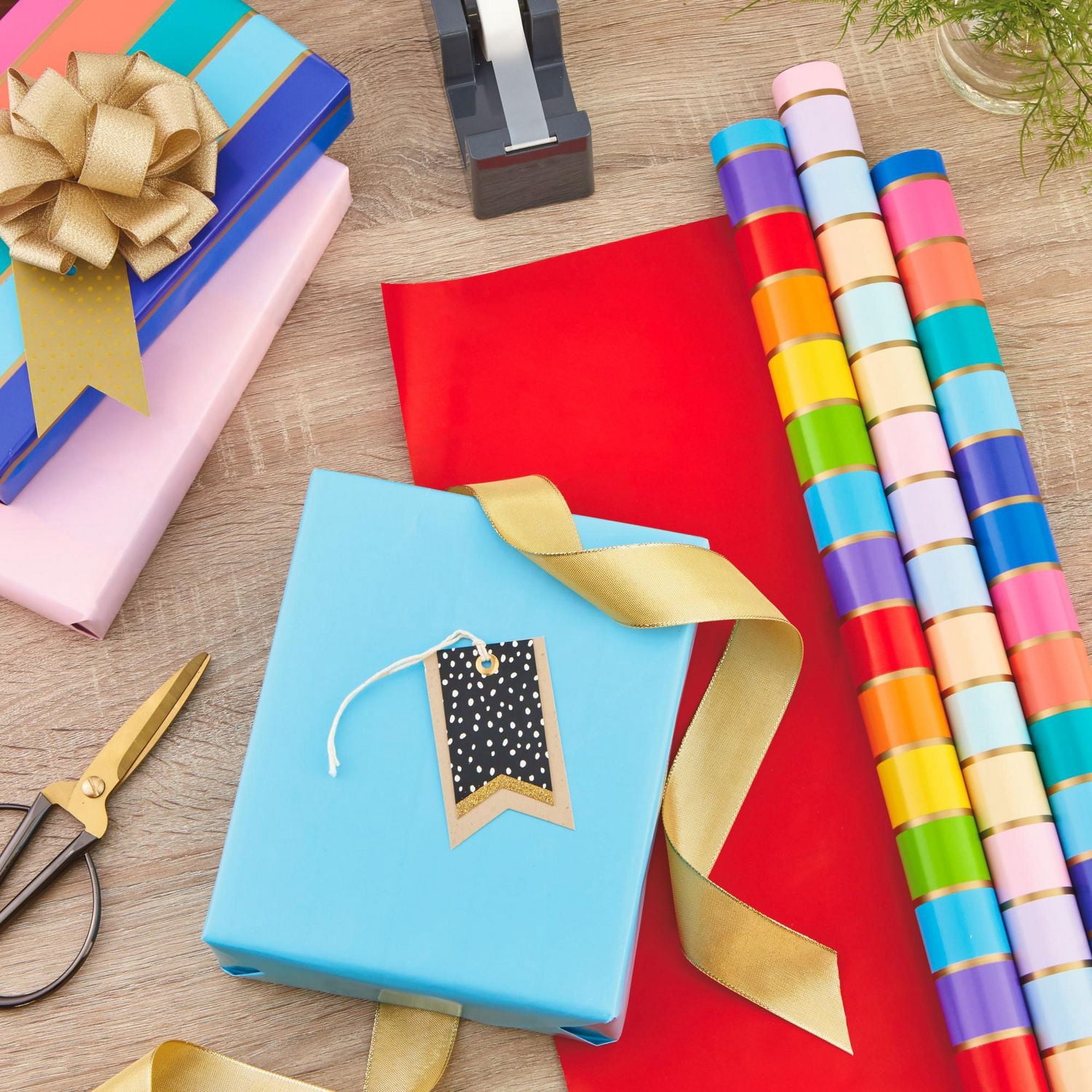 Hallmark All Occasion Reversible Wrapping Paper Bundle - Rainbow Stripes and Solid (3-Pack: 75 sq. ft. ttl.)