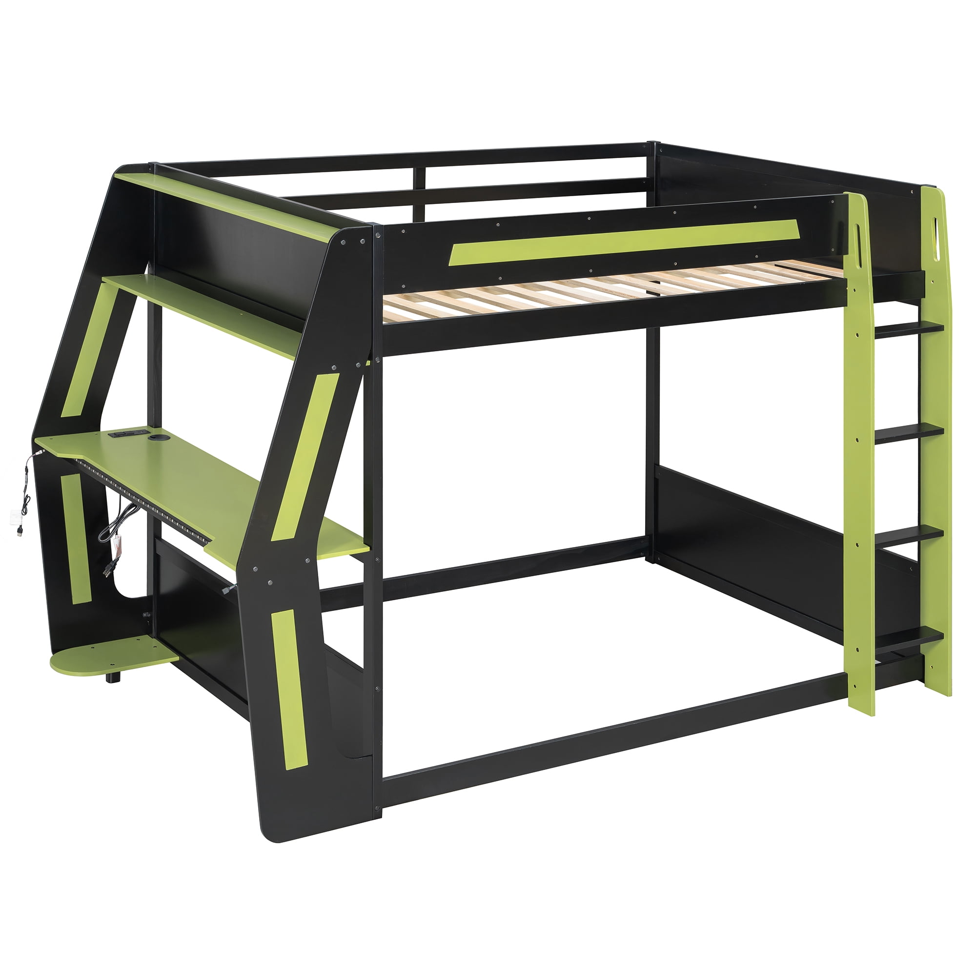 Aukfa Full Over Full Gaming Bunk Bed with Desk, USB Charging Station & LED Lights, Heavy-Duty Wood Esports Loft Bed Frame, Green