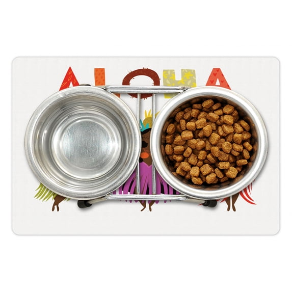 Aloha Pet Mat for Food and Water, Hawaiian Hula Girls with Long Wavy Hair Dancing in Exotic Costumes Floral Theme, Non-Slip Rubber Mat for Dogs and Cats, 18" X 12", by Ambesonne