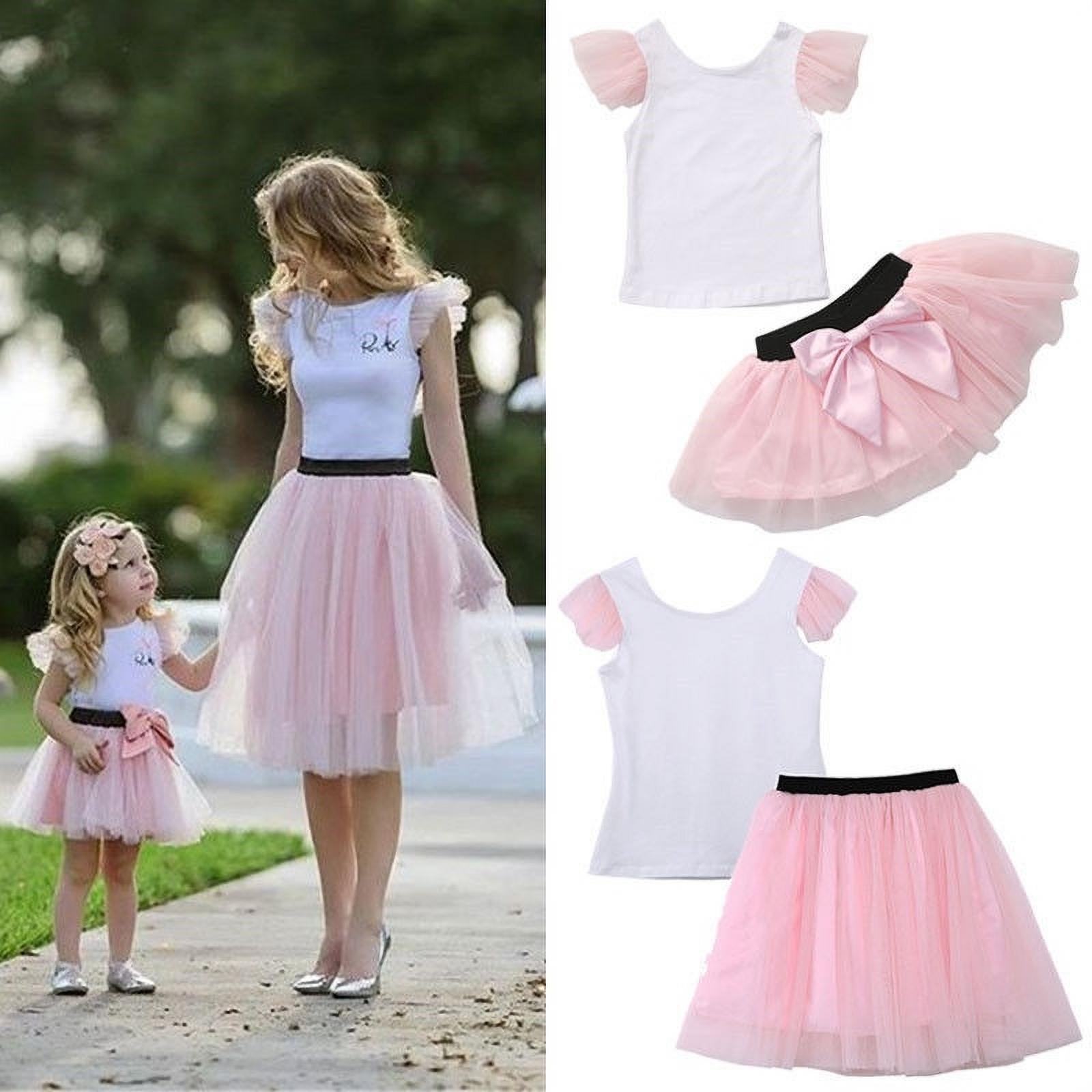 Tutu Skirt Dress Family Clothes Outfits Set Mom & Baby Parent-Child Demin T-shirt Tops