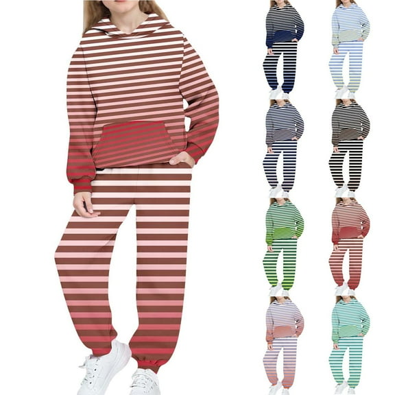 Piuwrlz 2pcs Hood Jogger Set Teen Girls Fleece Sweatsuits Sets Plush Stripe Hoodies and Sweatpants Red Size 14-15 Years