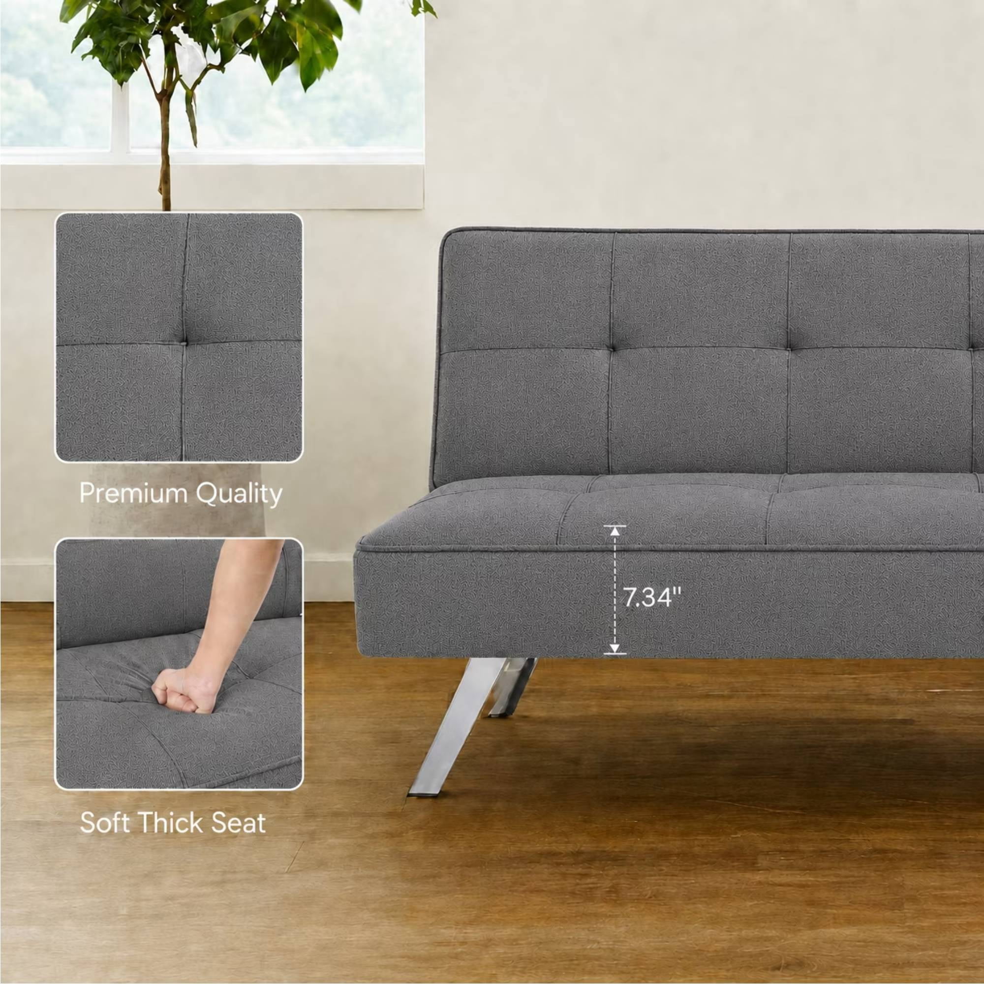 66" Futon Sofa Bed, 3-in-1 Convertible Sleeper Couch Bed for Small Spaces, Tufted Back Loveseat for Living Room, Grey